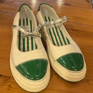 Frances Valentine Green and White Flats with Silver Accents